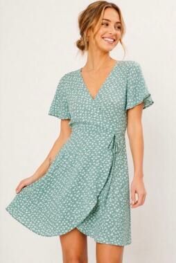 Green Floral Faux Wrap Dress Boho Cottagecore Flutter Sleeves Surplice Top Small